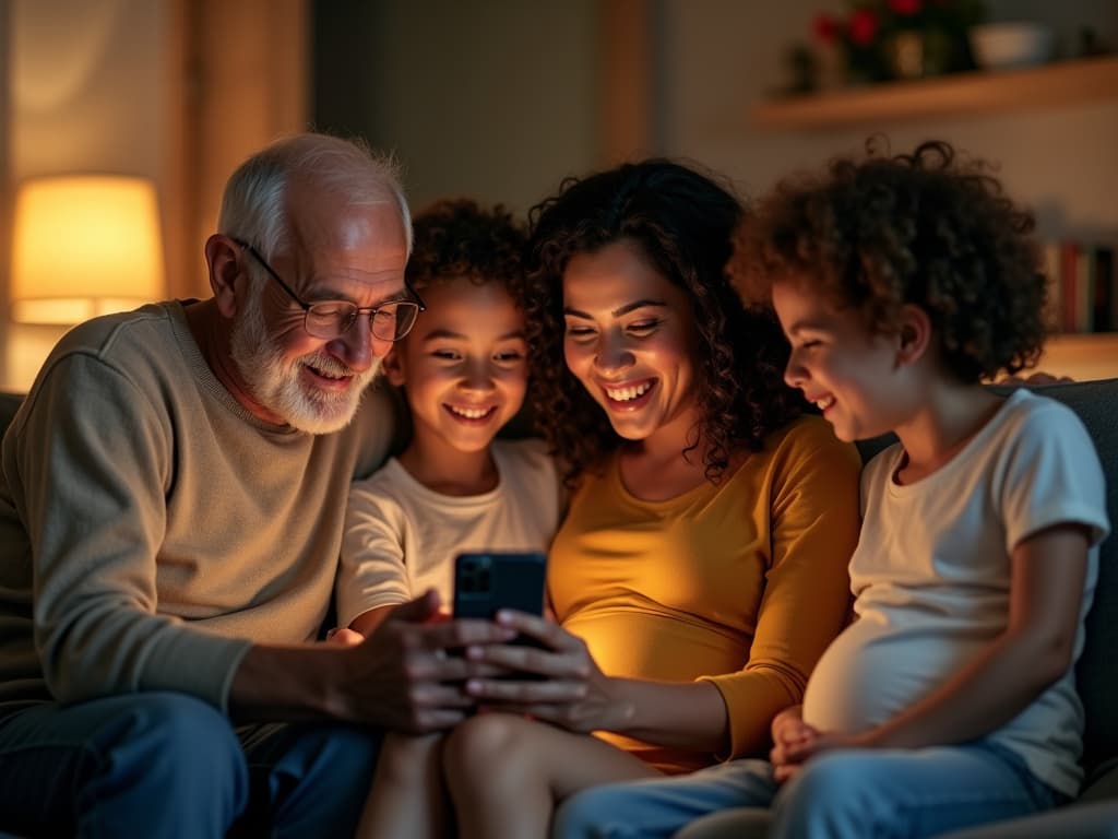 Familia multi-geracional reunida acompanhando a gestação juntos no celular